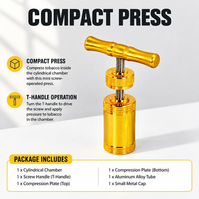 Mini Tobacco Press with Screw-Operated T-Handle, Cylindrical Chamber and Compression Plates, Compact
