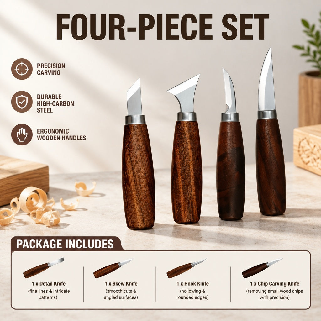 4-Piece Wood Carving Knife Set with Wooden Handles, Assorted Blade Shapes for Detail Carving, Sculpt