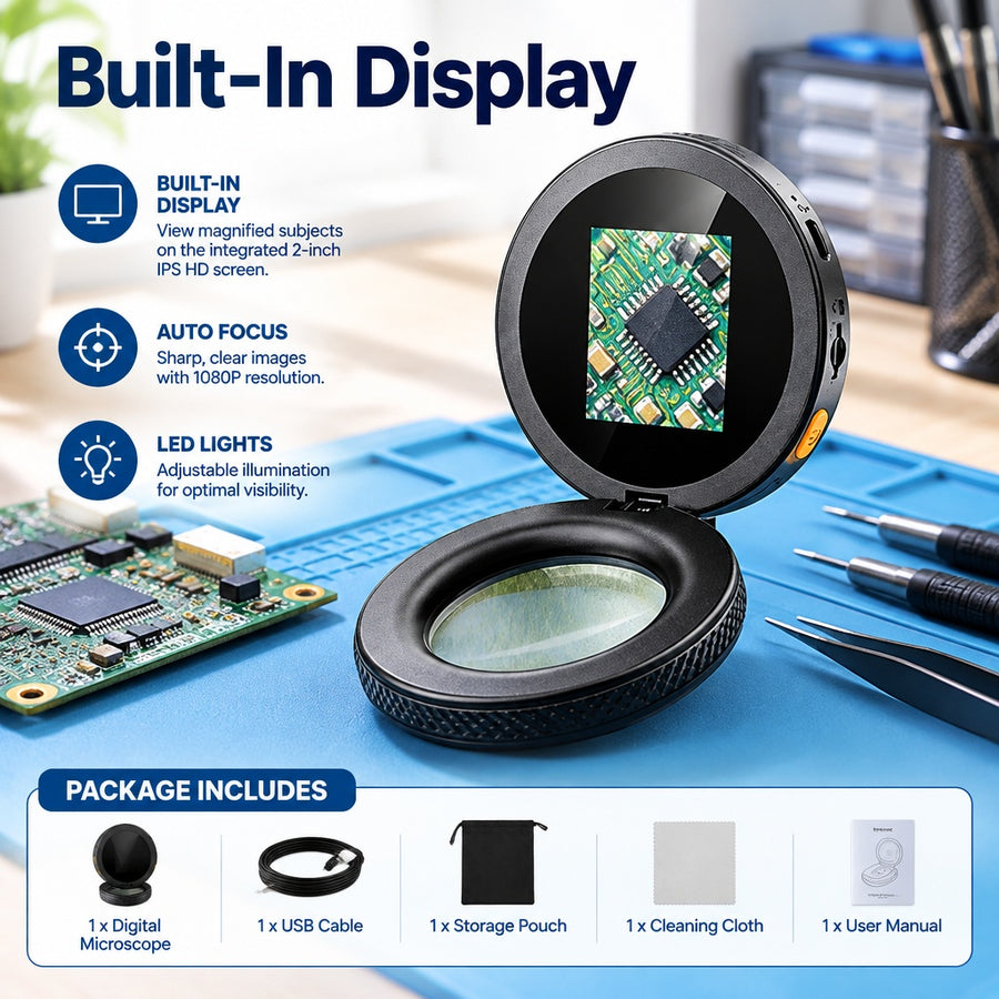 2-Inch IPS Handheld Digital Microscope with Autofocus, LED Illumination and USB PC Connectivity for 