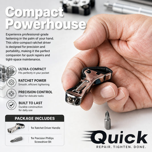 Compact Self-Adjusting Stubby Wrench with Built-In Bit Driver Slot, Short Handle Tool for Automotive