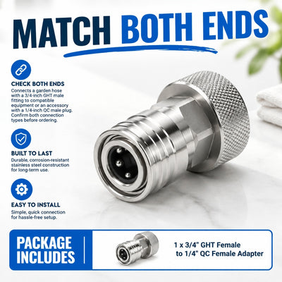 Stainless Steel Garden Hose to Pressure Washer Adapter, 3/4-Inch GHT Female to 1/4-Inch Quick-Connec