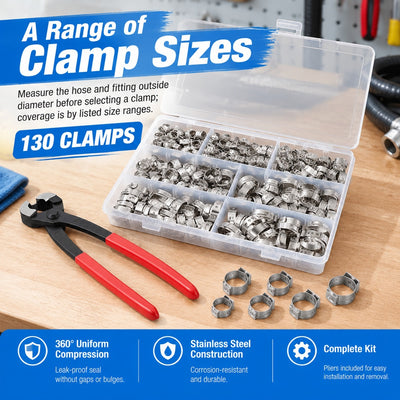 130Pcs High Quality Stepless Ear Hose Clamps Kit fits Automotive Plumbing Repair
