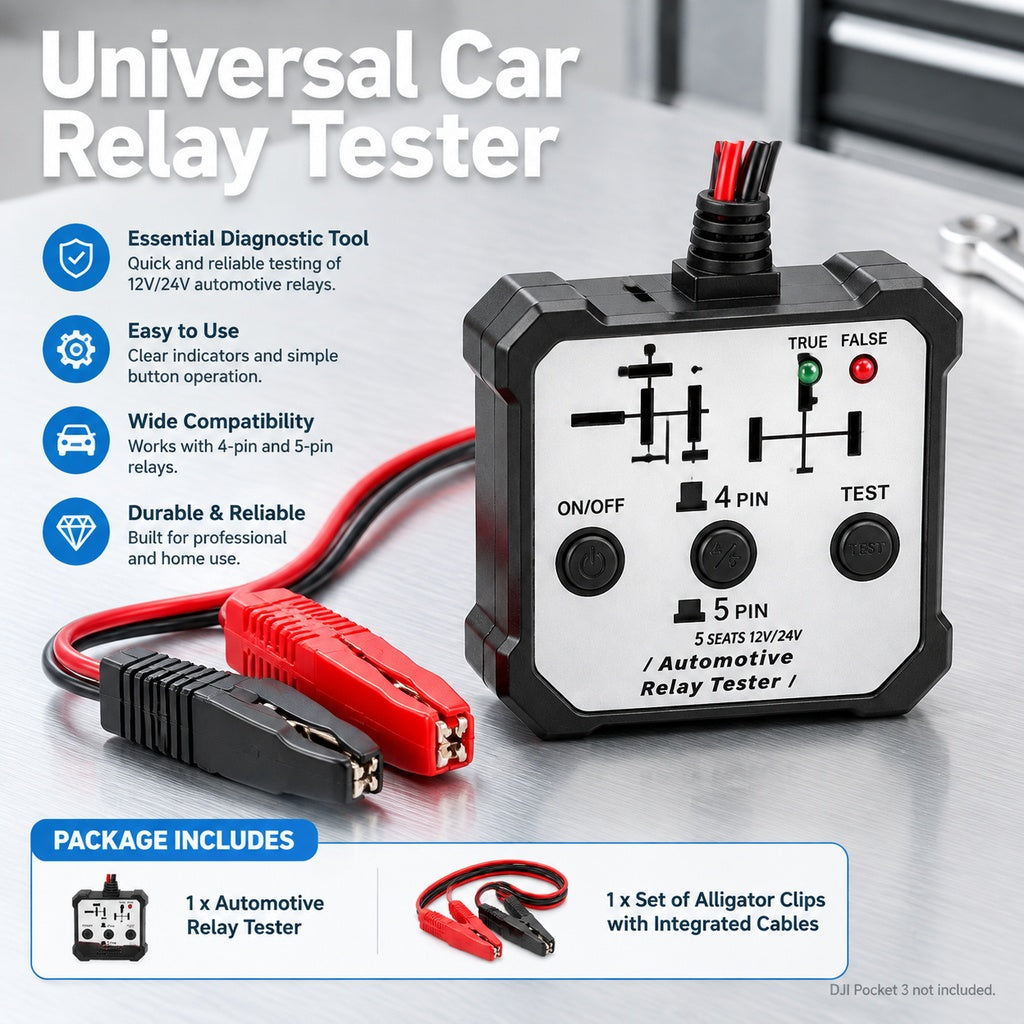 12V/24V Automotive Relay Tester, 4-Pin/5-Pin Relay Diagnostic Checker with Battery Clips and TRUE/FA