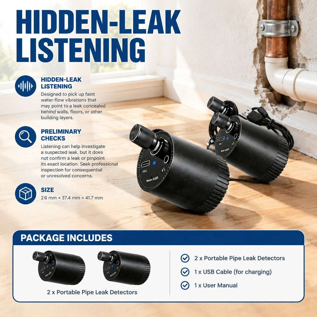 2-Pack Portable Pipe Leak Listening Detector Set with Cable-Connected Sensors for Plastic and Metal 