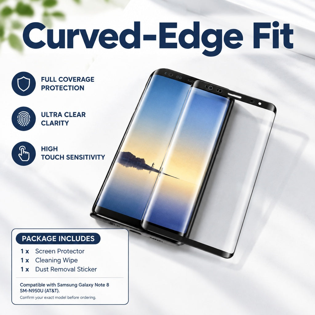 Full-Coverage Tempered Glass Screen Protector for Samsung Galaxy Note 8 SM-N950U, Clear 3D Curved Ed